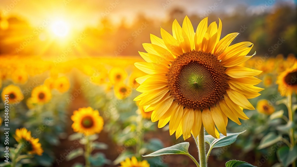 Vibrant Sunflower Bloom in Summer Field, Out of Focus Background Vibrant Sunflower Bloom in Summer Field, Out of Focus Background