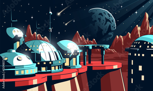 Martian colony showcases advanced architecture with domes and platforms. The night sky is filled with stars and comets, illuminating the scene. Vector retro comics style