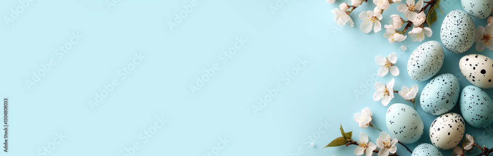 Elegant frame with white and blue speckled Easter eggs, cherry blossoms on a blue background. Minimalist spring template for greeting cards, banners, festive designs. Top view, flat lay, copy space. Elegant frame with white and blue speckled Easter eggs, cherry blossoms on a blue background. Minimalist spring template for greeting cards, banners, festive designs. Top view, flat lay, copy space.