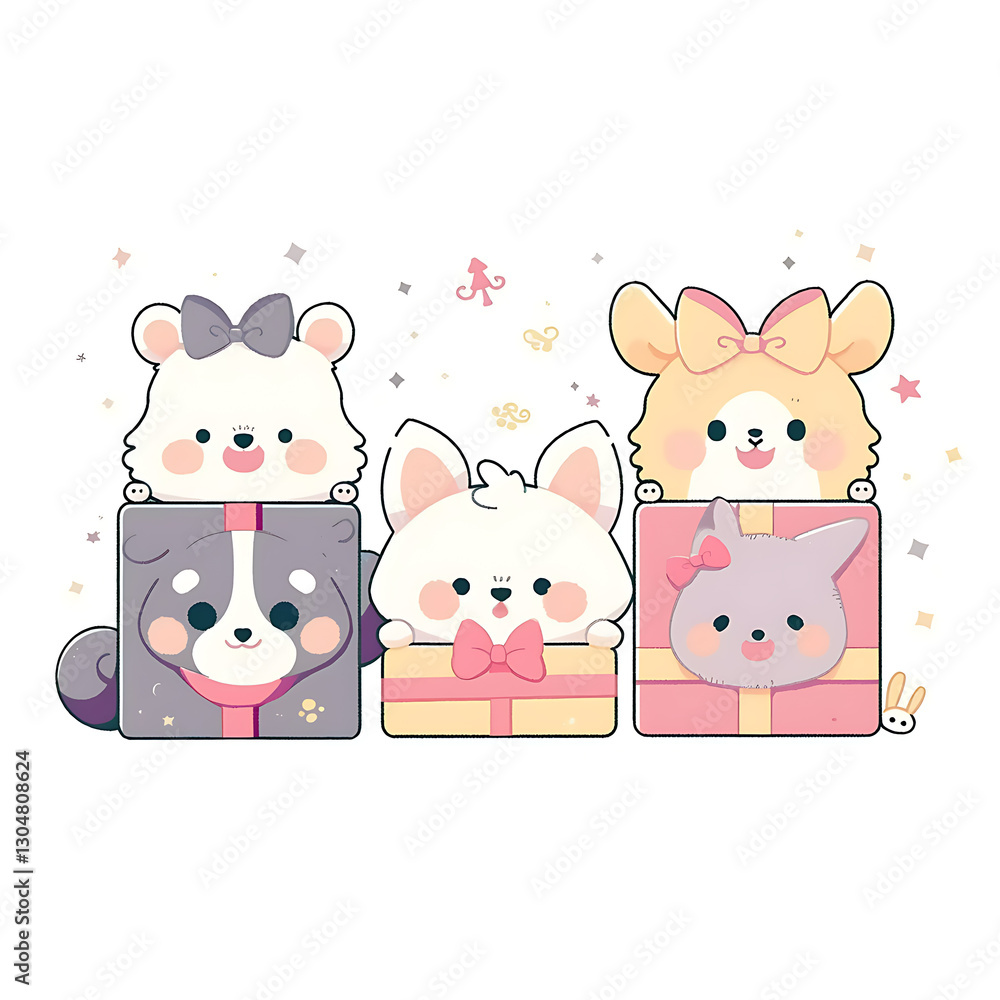 Obraz premium Playful and whimsical dog and cat illustrations in vibrant and minimalist designs.