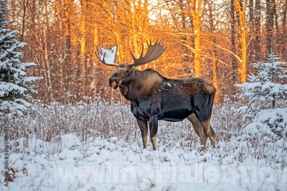 Majestic moose in snowy forest sunset Majestic moose in snowy forest sunset