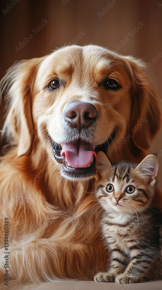 A golden retriever dog and a tabby kitten posing together, showcasing a bond of friendship and affection between pets in a warm, playful moment. A golden retriever dog and a tabby kitten posing together, showcasing a bond of friendship and affection between pets in a warm, playful moment.
