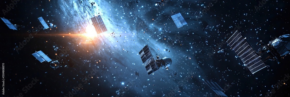 A row of satellites orbits Earth against a glowing cosmic nebula. The futuristic space scene highlights advanced technology and interstellar exploration. Generative AI. A row of satellites orbits Earth against a glowing cosmic nebula. The futuristic space scene highlights advanced technology and interstellar exploration. Generative AI.