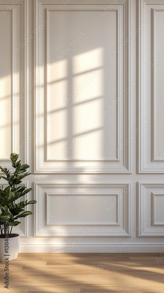 Fototapeta premium Elegant interior showcasing classic wall paneling with sunlight and a potted plant creating a bright and inviting atmosphere for modern living