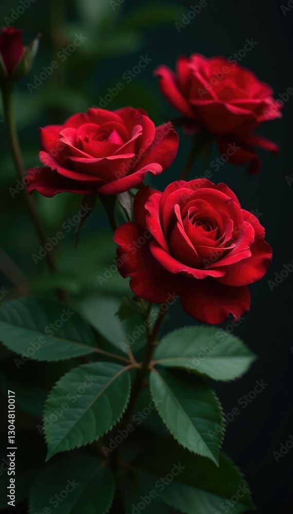 Red roses with velvety petals and dark green, wavy leaves, gardening, roses, red roses Red roses with velvety petals and dark green, wavy leaves, gardening, roses, red roses