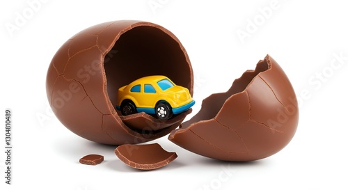 Realistic broken chocolate egg with a surprise toy inside, placed on a clean white background