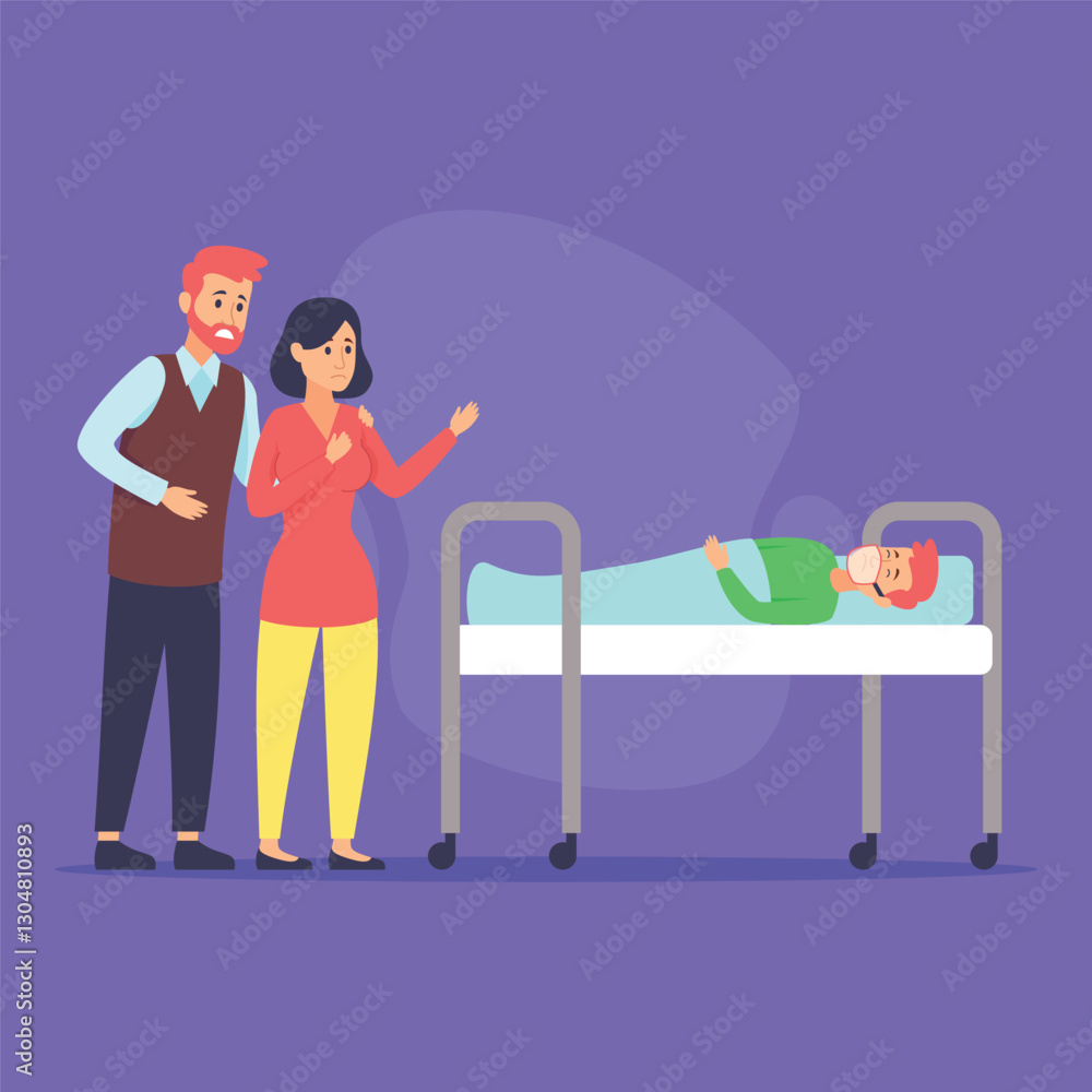 Man and woman expressing concern while visiting patient lying in hospital bed. Care and support in medical setting during recovery