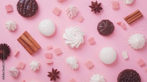 playful assortment of sweets and spices on pastel pink surface creating a delightful pattern suitable for confectionary or festive themed projects photo