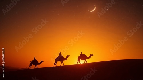 Caravan Under the Crescent Moon: Silhouette of a caravan traversing the desert under the warm glow of an orange sunset. A new moon hangs in the sky. photo