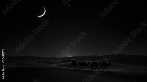 Nomadic Journey Under the Moonlit Sky: A caravan of camels traverses the vast, serene desert landscape beneath a crescent moon and stars.
