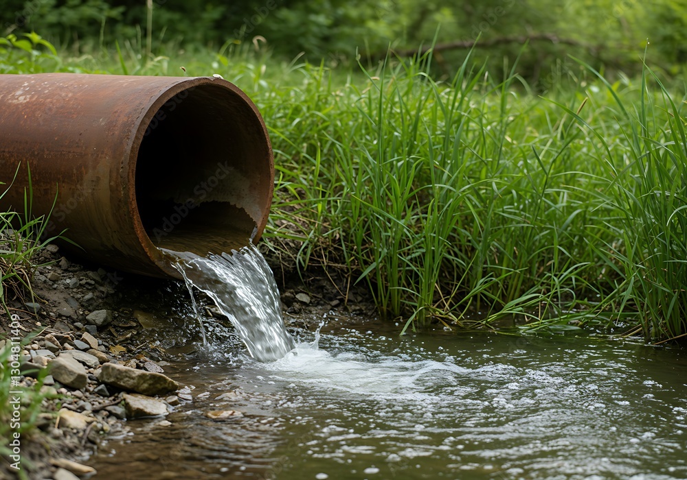 Rusty pipe discharging water into a natural stream Rusty pipe discharging water into a natural stream