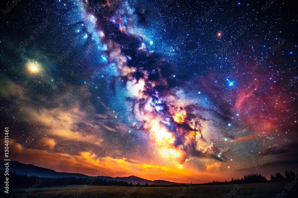 Fototapeta premium Vintage Celestial Landscape: Starry Night and Nebula