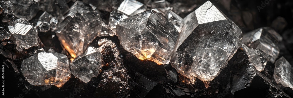 A cluster of dark, angular crystals with glowing orange reflections. The sharp edges and transparency create a striking contrast between natural beauty and raw power. Generative AI. A cluster of dark, angular crystals with glowing orange reflections. The sharp edges and transparency create a striking contrast between natural beauty and raw power. Generative AI.