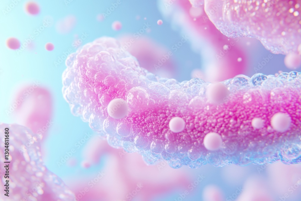 Close-up of cellular structure with pink and blue hues against a soft light blue background Close-up of cellular structure with pink and blue hues against a soft light blue background