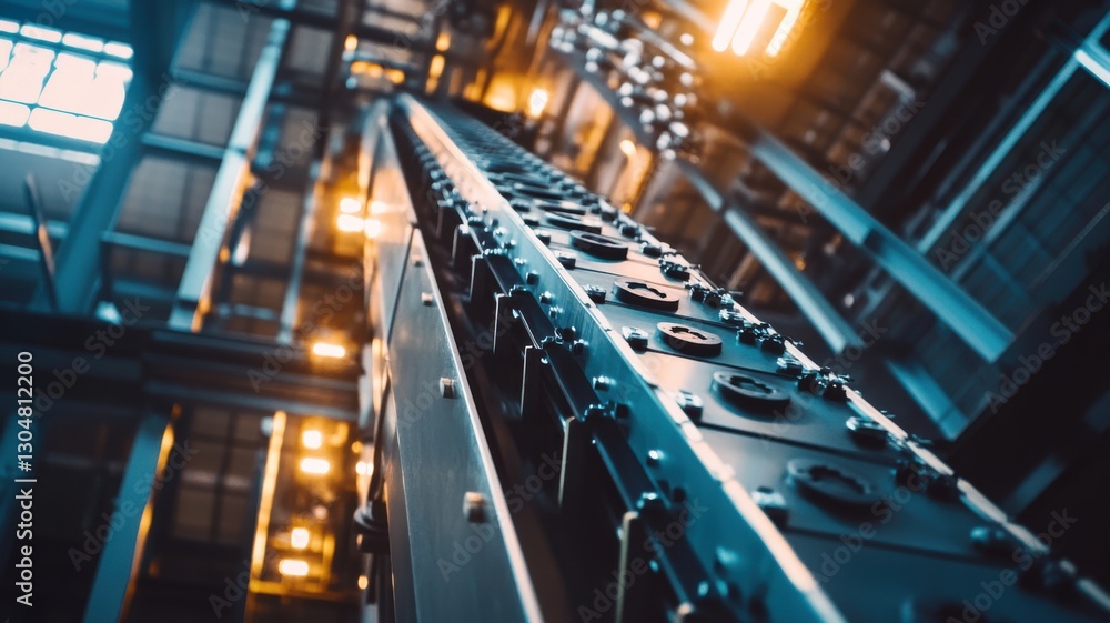 Industrial conveyor system in motion with modern machinery and lighting effects. Conveyor Belt on a Modern Factory Industrial conveyor system in motion with modern machinery and lighting effects. Conveyor Belt on a Modern Factory