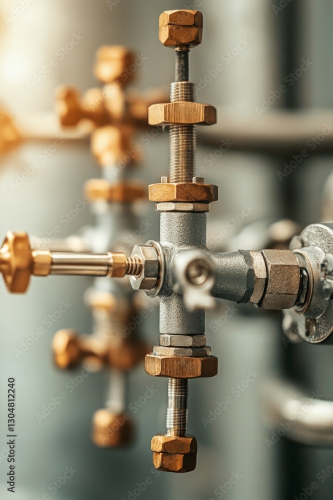 An industrial valve with metallic fittings is displayed in a factory setting with sunlight illuminating the intricate details of the machinery components An industrial valve with metallic fittings is displayed in a factory setting with sunlight illuminating the intricate details of the machinery components