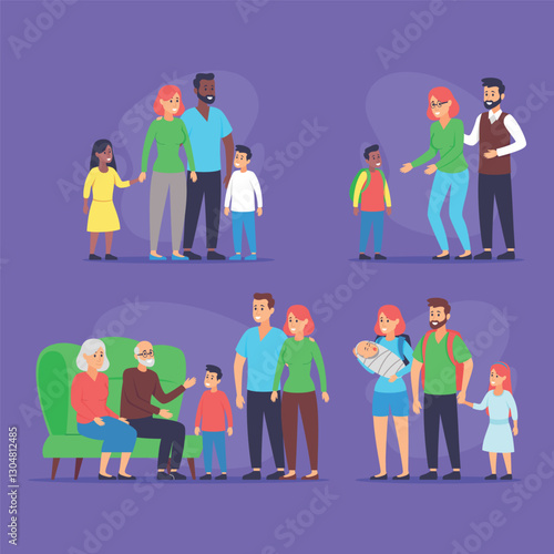 Obraz na płótnie Family set with diverse group activities including conversations, playful moments, and family bonding times among different generations w salonie