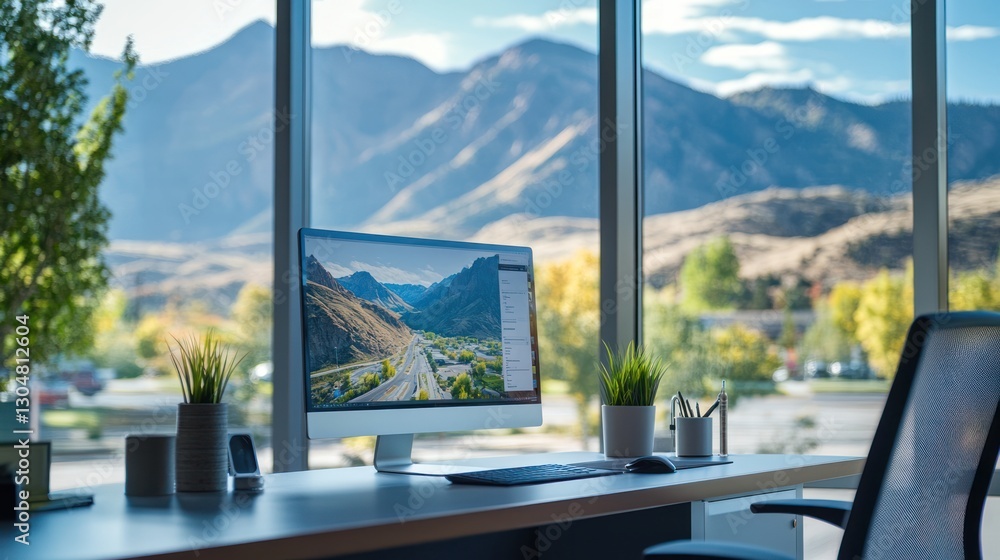 Fototapeta premium Modern office desk with mountain view
