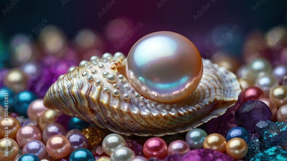 colorful pearl bead in a shell on a purple background colorful pearl bead in a shell on a purple background