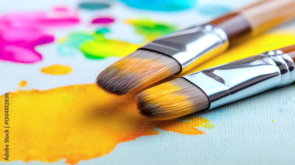 Obraz premium Painting action with brushes art studio artistic content colorful environment close-up view creative expression