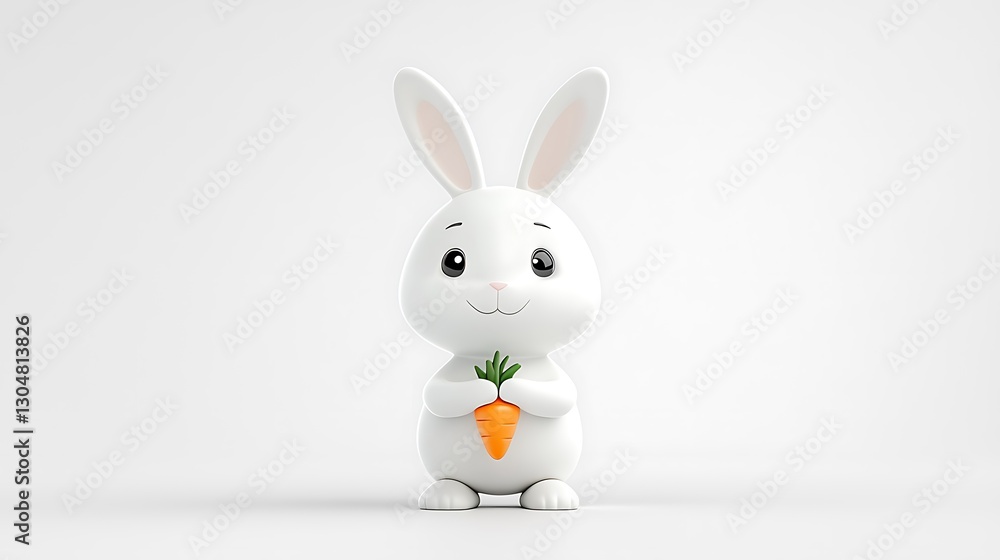 Cute cartoon bunny holding carrot, smiling, centered on white background studio shot Cute cartoon bunny holding carrot, smiling, centered on white background studio shot