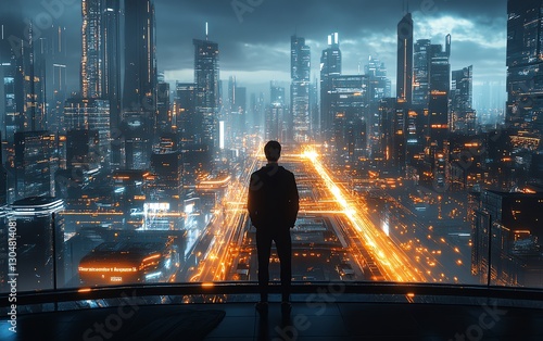 Wallpaper Mural Business executive on a rooftop overlooking a futuristic city at night Torontodigital.ca