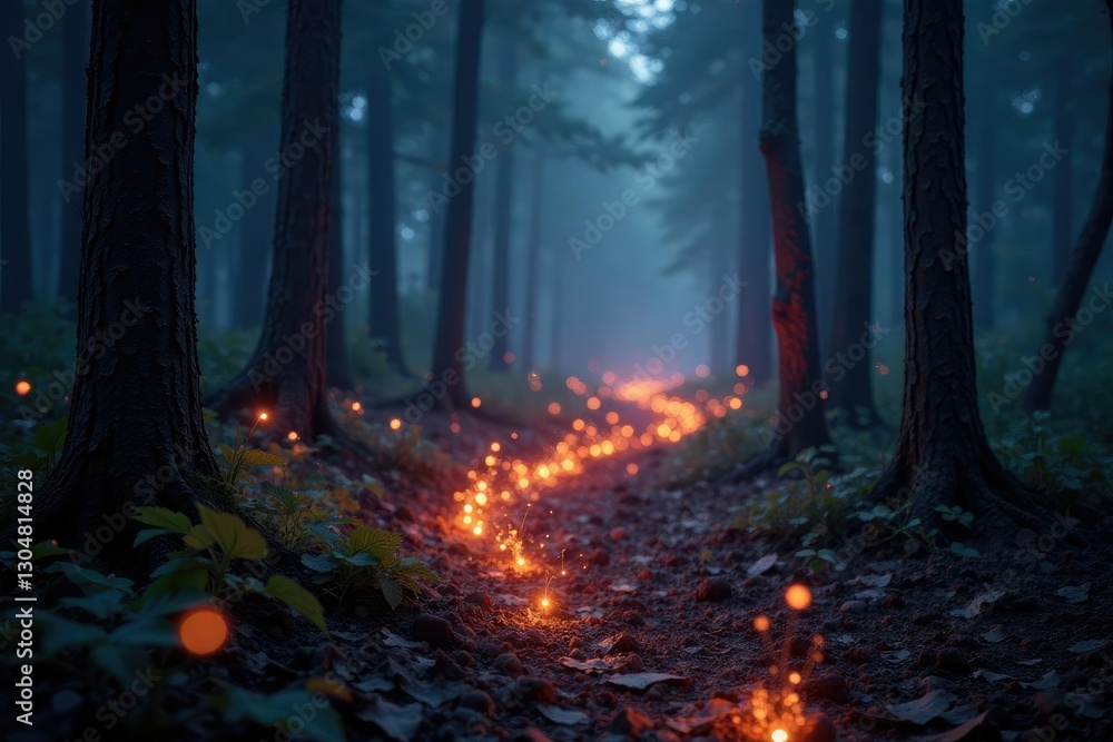 Twinkling fiber optics weave an ethereal glow in a darkened forest, nature, mystic atmosphere Twinkling fiber optics weave an ethereal glow in a darkened forest, nature, mystic atmosphere