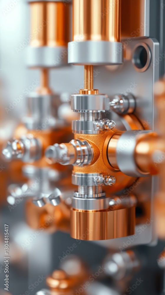 Close-up of a valve assembly showcasing intricate components and metallic textures. Taken in a modern manufacturing plant during daylight hours Close-up of a valve assembly showcasing intricate components and metallic textures. Taken in a modern manufacturing plant during daylight hours