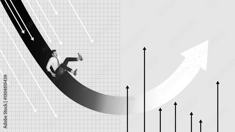 custom made wallpaper toronto digitalBusinessman sliding downward on dark curve transitioning into growth. Economic downturn followed by recovery. Success, failure, adaptation. Concept of resilience, crisis management, business strategy.