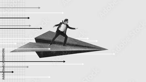 Photography Confident businessman surfing on giant paper plane through moving arrows