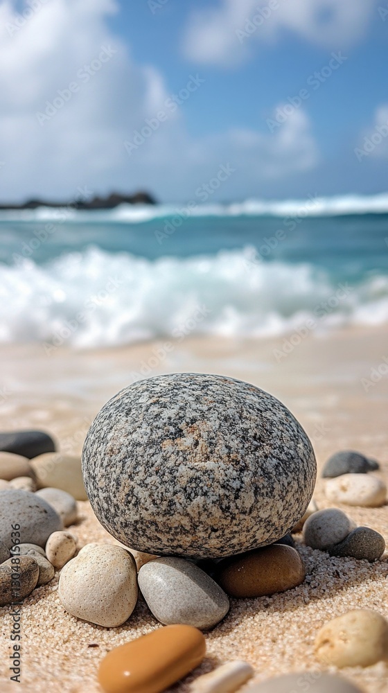 Serene beach scene featuring a large speckled stone surrounded by smaller pebbles against a backdrop of ocean waves and cloudy sky Serene beach scene featuring a large speckled stone surrounded by smaller pebbles against a backdrop of ocean waves and cloudy sky