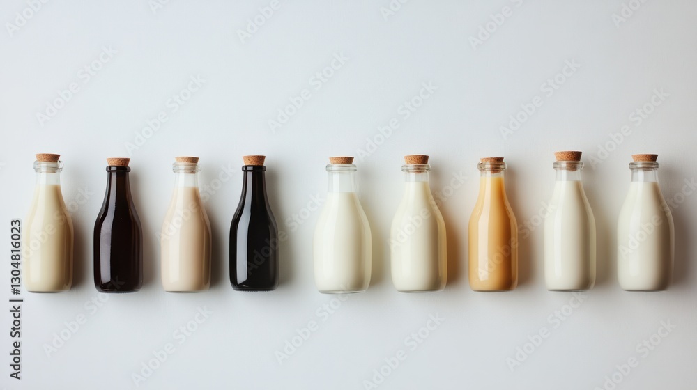 assortment of bottled dairy and plant based milk substitutes offering a variety of nutritious and delicious options on a pristine white background assortment of bottled dairy and plant based milk substitutes offering a variety of nutritious and delicious options on a pristine white background