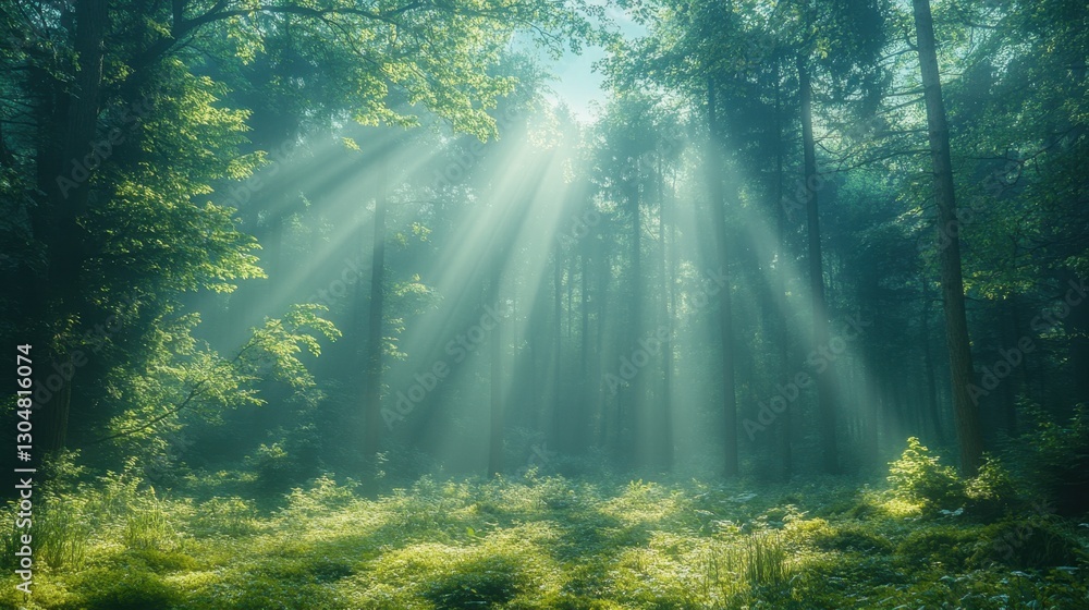 Sunlit Forest: A mesmerizing view of a sun-drenched forest, with rays of light piercing through the dense canopy, illuminating the vibrant green foliage below. The image evokes a sense of peace. Sunlit Forest: A mesmerizing view of a sun-drenched forest, with rays of light piercing through the dense canopy, illuminating the vibrant green foliage below. The image evokes a sense of peace.