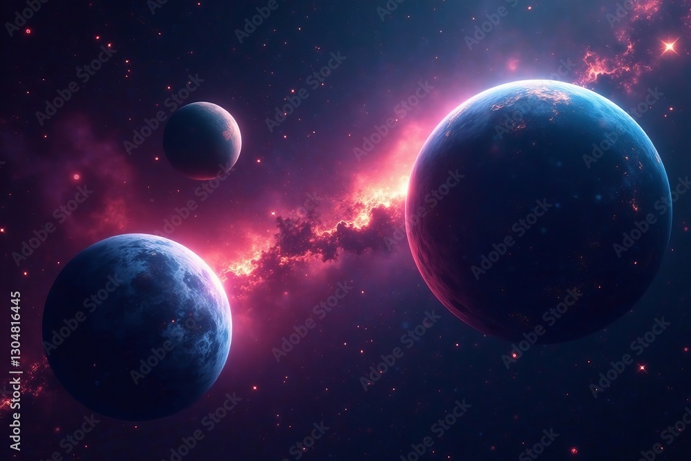Fototapeta premium Close-up view of bright stars and planets in dark space with nebula, celestial bodies, cosmos