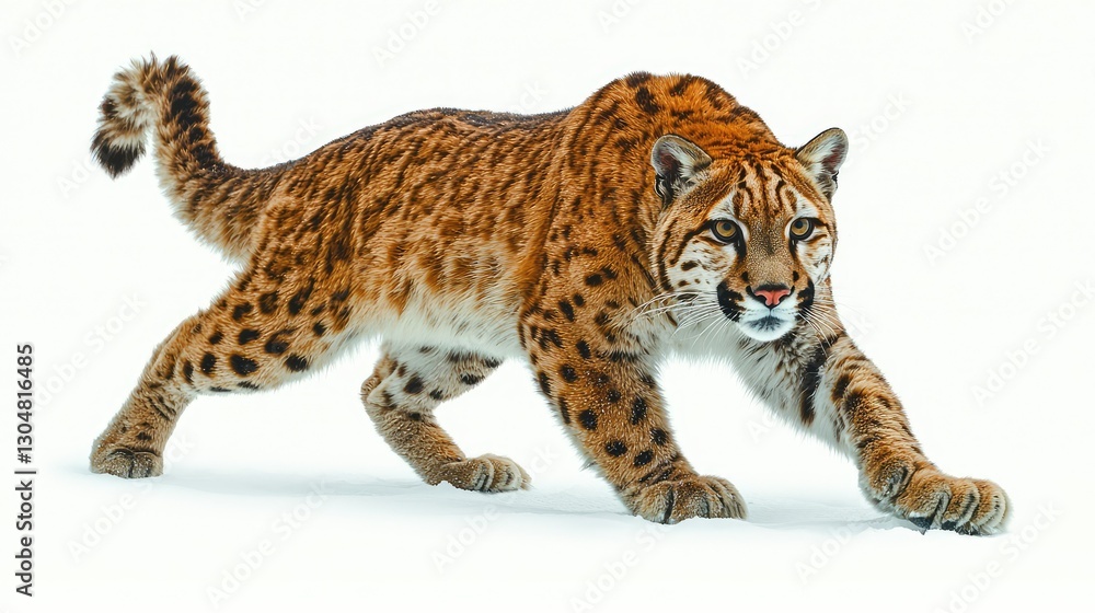 Obraz premium A wild cat with spotted fur walking through the snow