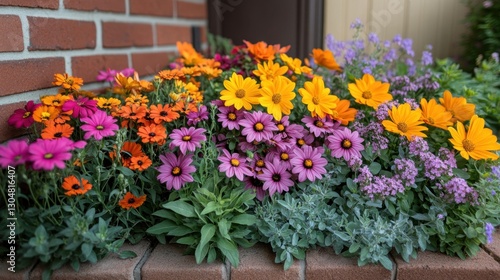 Wallpaper Mural Vibrant Floral Display: A colorful assortment of flowers bursts with life and beauty, arranged artfully against a brick wall creating a natural and cheerful display Torontodigital.ca