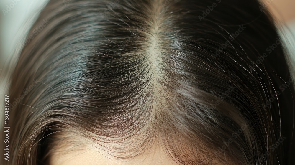Close-up view of a woman's scalp with noticeable hair parting. Close-up view of a woman's scalp with noticeable hair parting.