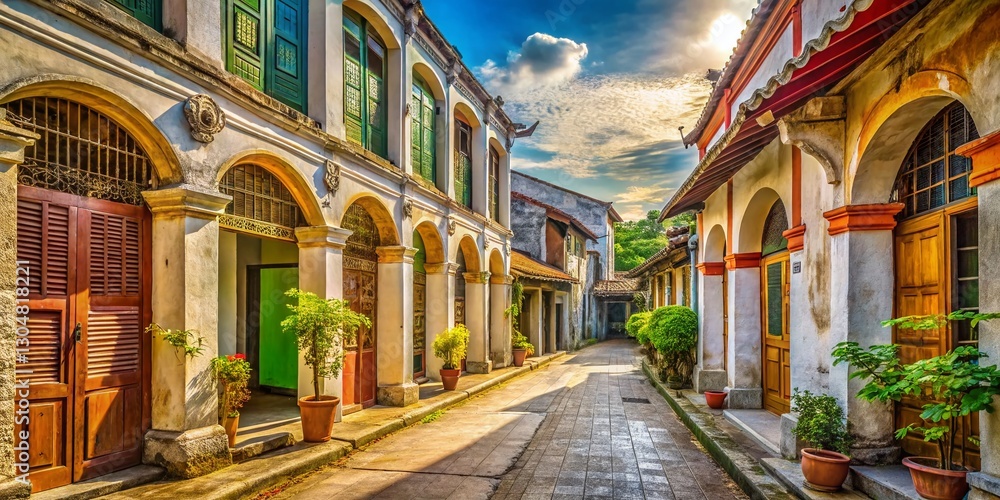 Fototapeta premium Vintage Penang Alleyway: Charming Arches, Shops & Shrines in George Town
