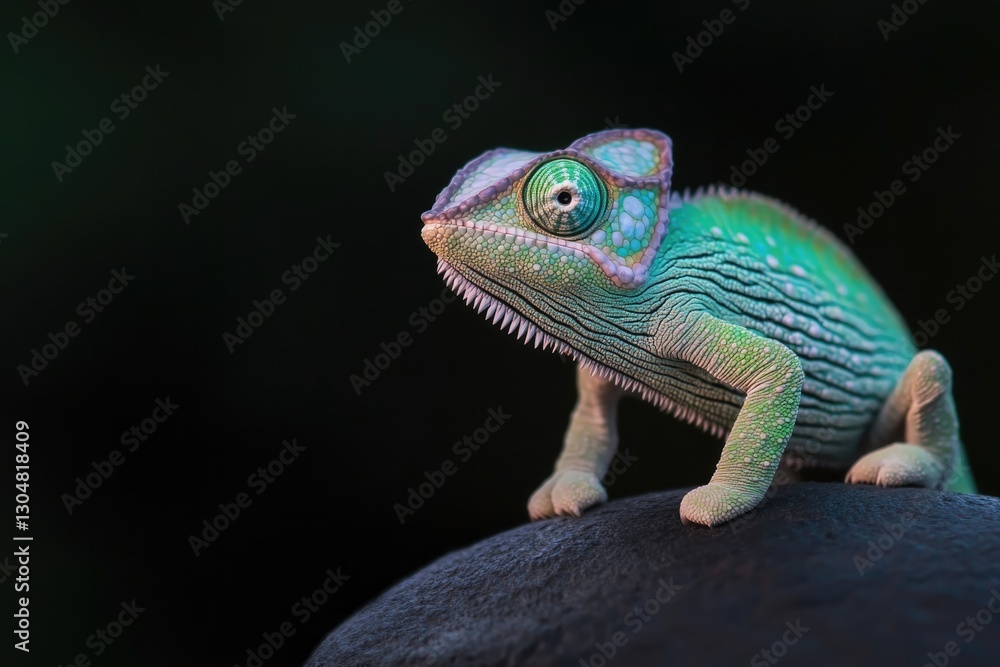 Fototapeta premium Colorful chameleon perched on rock, showcasing vibrant patterns