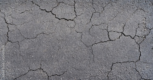 The image shows a cracked asphalt surface, highlighting wear and degradation, with uneven textures and fissures across a dark gray background.