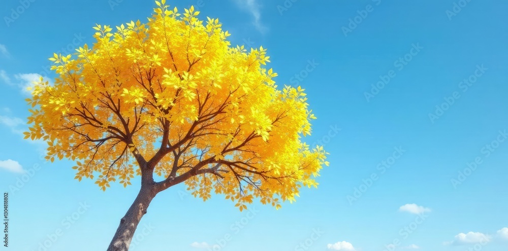 Yellow tree with white branches against blue sky, sky, natural scenery Yellow tree with white branches against blue sky, sky, natural scenery
