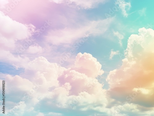 soft pastel sky background with fluffy clouds, creating an ethereal and dreamy atmosphere