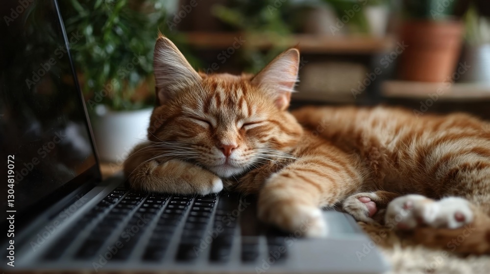 Cozy Cat Nap: An adorable ginger cat enjoys a peaceful nap on a laptop keyboard, a serene scene of domestic bliss and technological integration. Cozy Cat Nap: An adorable ginger cat enjoys a peaceful nap on a laptop keyboard, a serene scene of domestic bliss and technological integration.