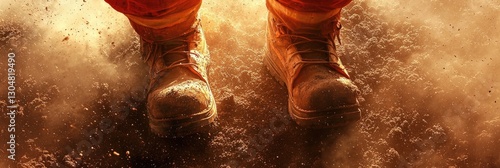 Workers boots standing on scorched ground glowing embers. Dusty terrain, heat effect, protective gear, rugged surface, aftermath of fire, resilience, harsh conditions, disaster scene. Generative AI.
