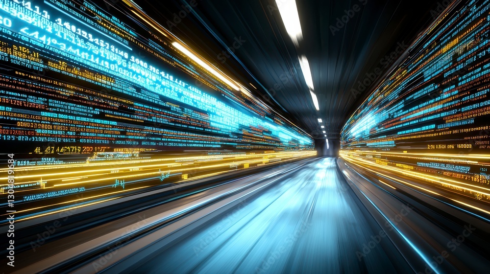 Abstract Futuristic Tunnel of Glowing Blue and Yellow Code Abstract Futuristic Tunnel of Glowing Blue and Yellow Code