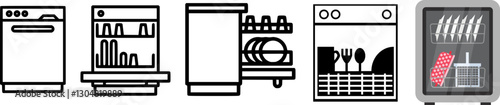 Dishwasher vector set, dish washing machine, dish cleaner, automatic dish washer, dishwashing appliance, dish cleaning machine, kitchen appliance, home appliance, washing, cleaning, household
