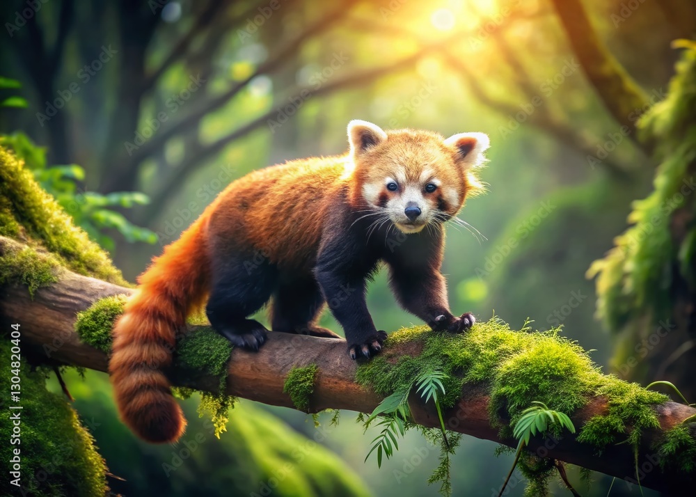 Fototapeta premium Vintage Photo of Red Panda Walking on Tree Branch in Bamboo Forest