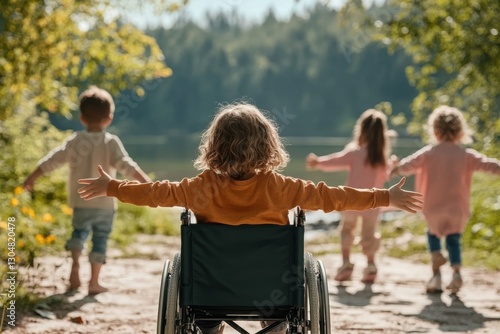 Friendship with a disabled person, a child in a wheelchair in the company of a friend