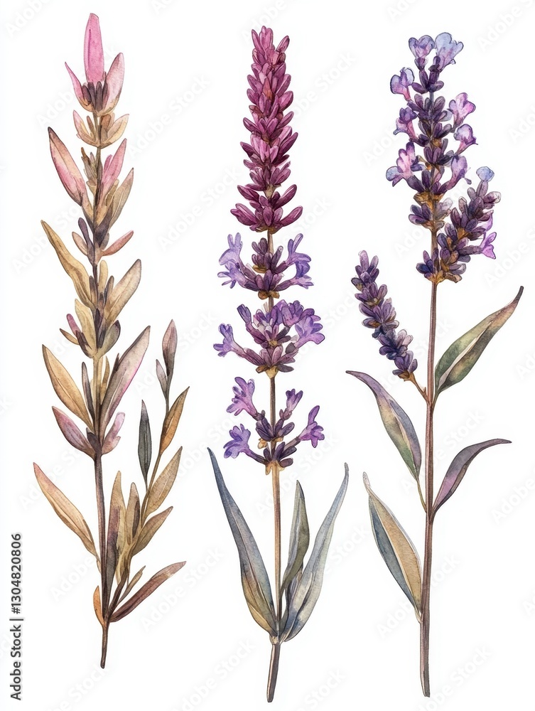 Fototapeta premium Watercolor Lavender Flowers on White Background Delicate Floral Illustration for Botanical Art Projects