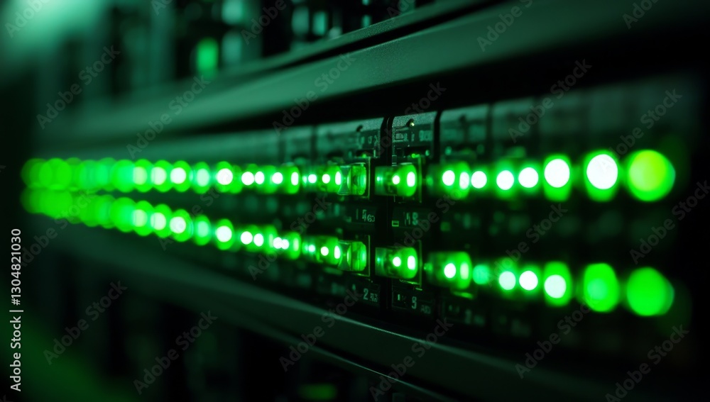 Server rack lights glowing green in data center Server rack lights glowing green in data center